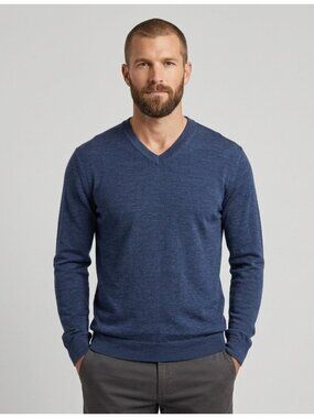 Ibex Blue Merino Wool Blend V-Neck Sweater - Large